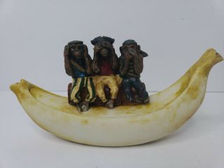 Hand Carved 3 Wise Monkeys On Banana - Hear No Evil - Speak No Evil - See No Evil