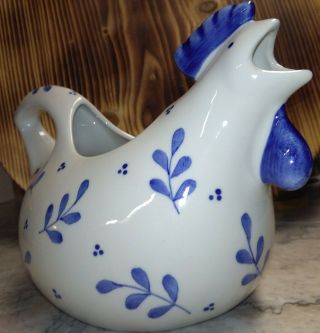Blue And White Andrea By Sadek Ceramic Hen Syrup Pitcher 9 " X5 " X6 "