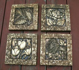 Syroco Wood Flowers Gold Wall Hanging Vintage Hollywood Regency Decor 4 Plaques