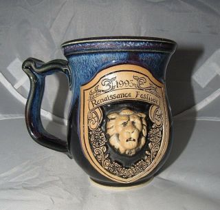 1995 Navy Dark Blue Renaissance Festival Raised Lion Head Pottery Mug Tankard