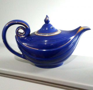 Vintage Cobalt Blue Hall Aladdin Genie Bottle Teapot Gold Tea Pot Swirl