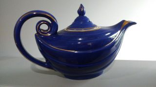 Vintage Cobalt Blue Hall Aladdin Genie Bottle Teapot Gold Tea Pot Swirl 2