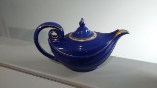 Vintage Cobalt Blue Hall Aladdin Genie Bottle Teapot Gold Tea Pot Swirl 3