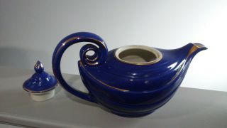 Vintage Cobalt Blue Hall Aladdin Genie Bottle Teapot Gold Tea Pot Swirl 4