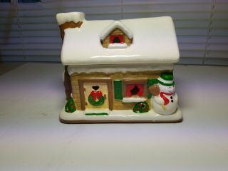 Vintage Wicks N Sticks Candle Holder,  Snow Covered Cabin,  Snow Man In Front 1984