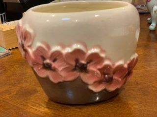 Vintage Small Brown And Cream Ceramic Vase With Pink Flowers
