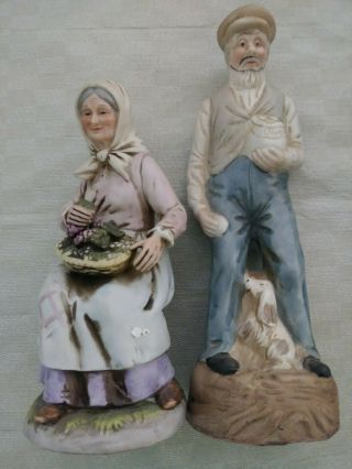 Homco Retired Figurines Old Couple Man Feeding Puppy Woman Picking Grapes