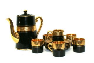 Vtg 12 Pc Gibson & Sons Late Davenport Sevres Black & Gold Tea Coffee Pot Set