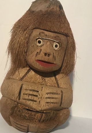 1950’s Rare Vintage Exotic Primitive Hand Carved Coconut Monkey From Belize