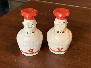 Vintage Fat Chef Salt Pepper Shakers Line Ny Plastic Red White Mid Century