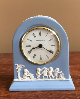 Wedgwood Jasperware Small Mantel Clock - White On Blue - 4 - 3/4”