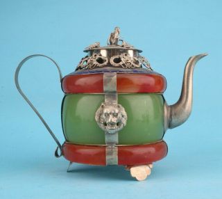 China Tibetan Silver Jade Hand - Carved Dragon Lion Teapot High - End Gift