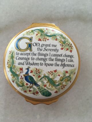 Halcyon Days Enamel Box Red Side,  Gold Trim,  Serenity Prayer And Peacock On Lid