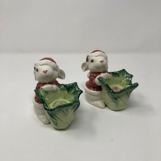 Fitz And Floyd Bunny Rabbit Christmas Candle Holders Pair Vintage Holiday