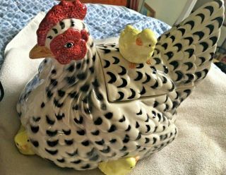 Fitz & Floyd Chicken Hen Chicks Cookie Jar Rooster Black & White & Little Yellow