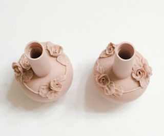 Vintage 1950 ' s Pink/Mauve Porcelain Set of 2 Rose Vases 5 