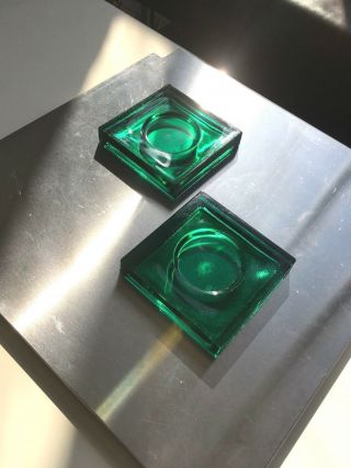 Vintage Mid Century Modern Green Glass Square Tea Light Holders Coasters 2