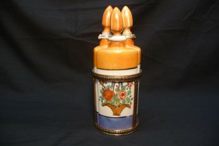 3 Vintage Hand Painted Made In Japan Ceramic Bottles In Metal Rack Scent Perfume