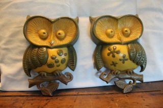 Vintage Green And Gold Metal Owl Wall Plaques By Sexton 1970