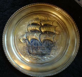 Vintage 16 " Brass Hammered Embossed Sailing Ship Decorative Plate Wall Hanging