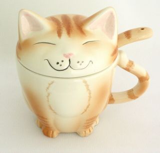 Orange & White Tabby Cat Kitty Ceramic Tea Coffee Drink Mug Cup W/ Top & Spoon