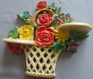 Vintage Basket Of Flowers 3 - D Chalkware Plaque With Shelves Chalk