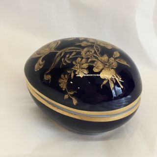 Miniature Cobalt Blue Egg Shaped Trinket Box Limoges France Gold Floral Design 2