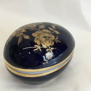 Miniature Cobalt Blue Egg Shaped Trinket Box Limoges France Gold Floral Design 3