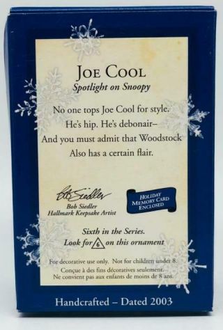 2003 Joe Cool Hallmark Ornament Spotlight On Snoopy 6 4