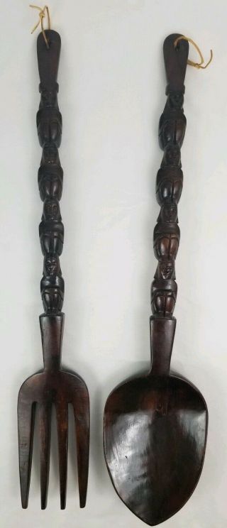 Vintage Carved Wood Fork And Spoon Set Wall Hanging Tiki Totem 35 "