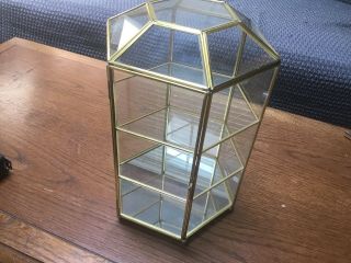 Vintage Hexagon Brass & Glass 3 Tier Curio Display Shelf Cabinet Ball Feet 12in