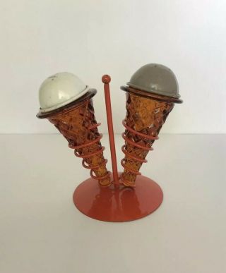Vintage Amber Glass Ice Cream Cone Salt And Pepper Shakers Metal Lids And Stand