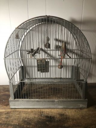 Vintage Antique Hendryx Wire Metal Bird Cage Handle Glass Feeders Wooden Swing