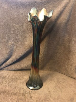 Old Carnival Glass Vase Swirled Ribs With Diamonds 16 - 1/4 " Tall