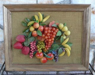 Vintage Mid Century Plastic Fruit Wall Hanging Picture Art Kitsch Grapes Apples