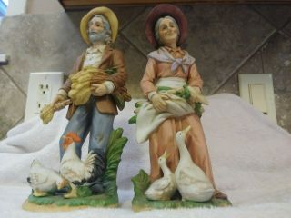 Vintage Homco Porcelain Figurines 1477 Farmer & Wife Feeding Ducks/chickens 8 "
