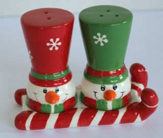 Snowman Salt Pepper Shaker Set With Sled Tray Christmas Holiday Winter Shakers
