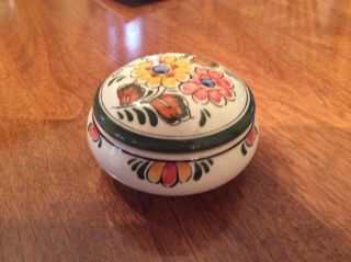 Handpainted Trinket Box From Holland,  Oranges,  Golds,  And Green,  Approx.  3” In