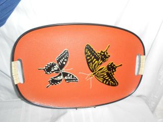 Vtg Butterfly 60s 70s Orange Serving Tray Midcentury Modern Boho Lashed Handles