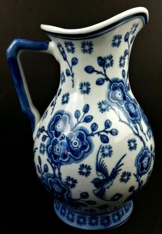China Blue Fine Porcelain Seymour Mann Pitcher Flowers Birds Blue White 15