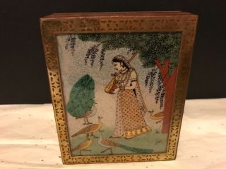 Sheesham Wood Trinket Box Gemstone Painting Woman Birds Brass Trim & Inlay India