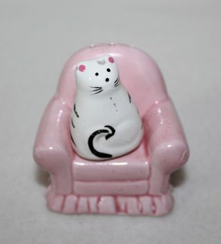 Whimsical “white Cat Sitting On Pink Chair” Salt & Pepper Shakers