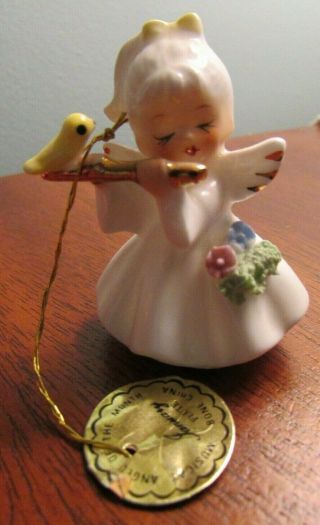 Vintage Napcoware Miniature Bone China Angel Figurine With Flute & Yellow Bird