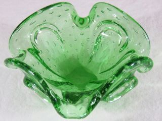 Vintage Italian Bullicante Venetian Art Glass Bowl Green Controlled Bubbles