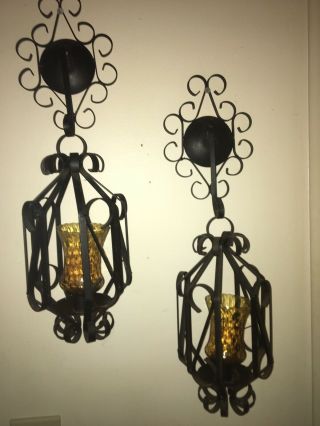 Vintage Mcm Gothic Medieval Wrought Iron Wall Mount Candle Holder Sconces