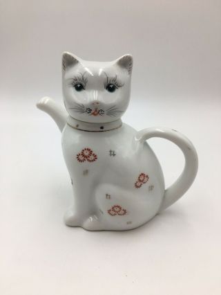 Vintage Lucky Cat Kitty Ceramic Floral Tea Pot 5.  5 " Tall