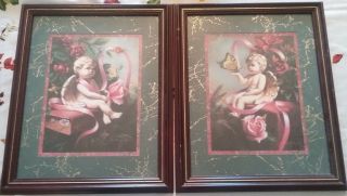 Home Interiors Set Of 2 Pictures,  Framed Prints Cherub,  Angel,  Green Burgundy