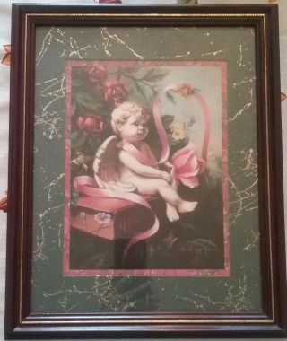 Home Interiors set of 2 pictures,  framed prints cherub,  angel,  green burgundy 2
