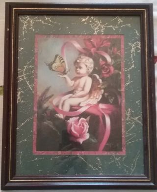 Home Interiors set of 2 pictures,  framed prints cherub,  angel,  green burgundy 4