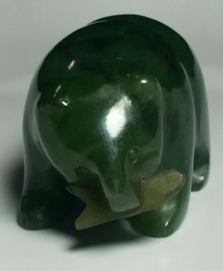 Vintage Green Jade Colored Stone Polar Bear With Fish Figurine Polished